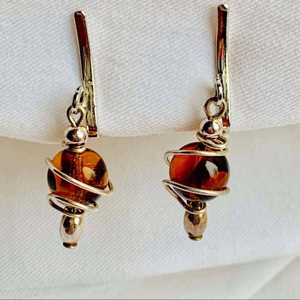 Amber tiger eye look clip-on earrings silver